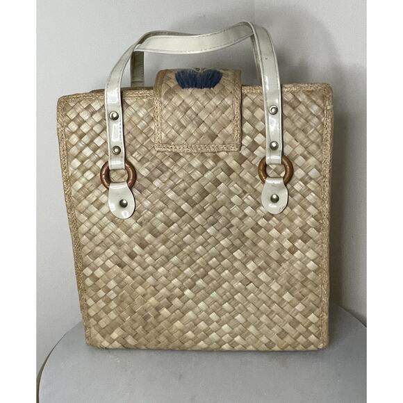 Vintage Handmade in Philippines Woven Straw Bag Pink Yellow Purple Flowers - Picture 2 of 12